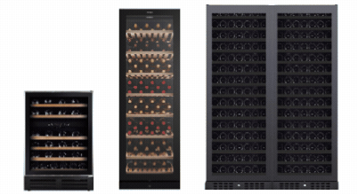 Small, medium and large capacity wine fridges and a bottle of bordeaux wine