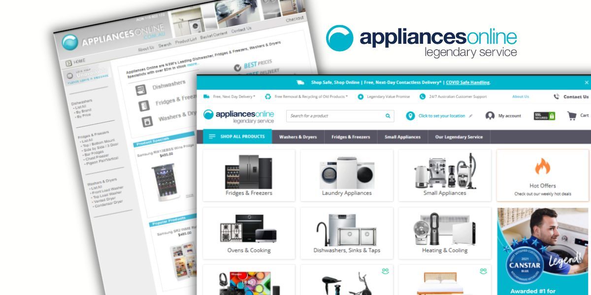 The Appliances Online website homepage from 2005 and 2025