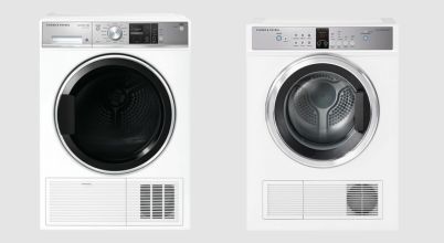 A Fisher and Paykel brand heat pump dryer and a vented dryer side by side