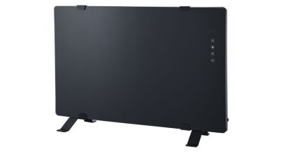 A Rinnai brand black tempered glass panel heater