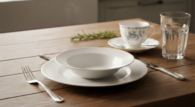 A dishwasher place setting consists of one plate, one bowl, a teacup and saucer, a drinking glass, and a knife, fork, spoon and teaspoon