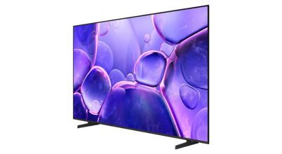 Samsung's 2025 TV range includes the Crystal lineup, with 43 inch, 50 inch, 55 inch, 65 inch, 75 inch and 85 inch 4K UHD screens to choose from. TV is shown from an angle.