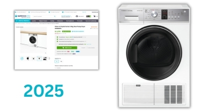 An 8kg Fisher & Paykel heat pump dryer with 7 Energy Stars sold by Appliances Online in 2025