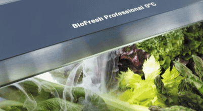 The BioFresh HydroBreeze system in Liebherr fridges spraying a fine mist over fresh vegetables and fruit