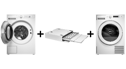 An Asko brand washing machine, heat pump dryer and branded stacking kit that can be stacked together.