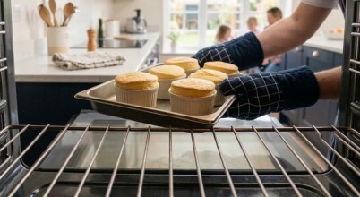 A person removes a tray of baked souffles from a domestic oven