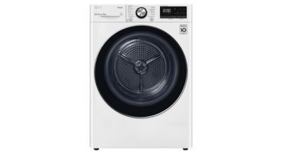 An LG brand heat pump dryer with smart connectivity for app control.