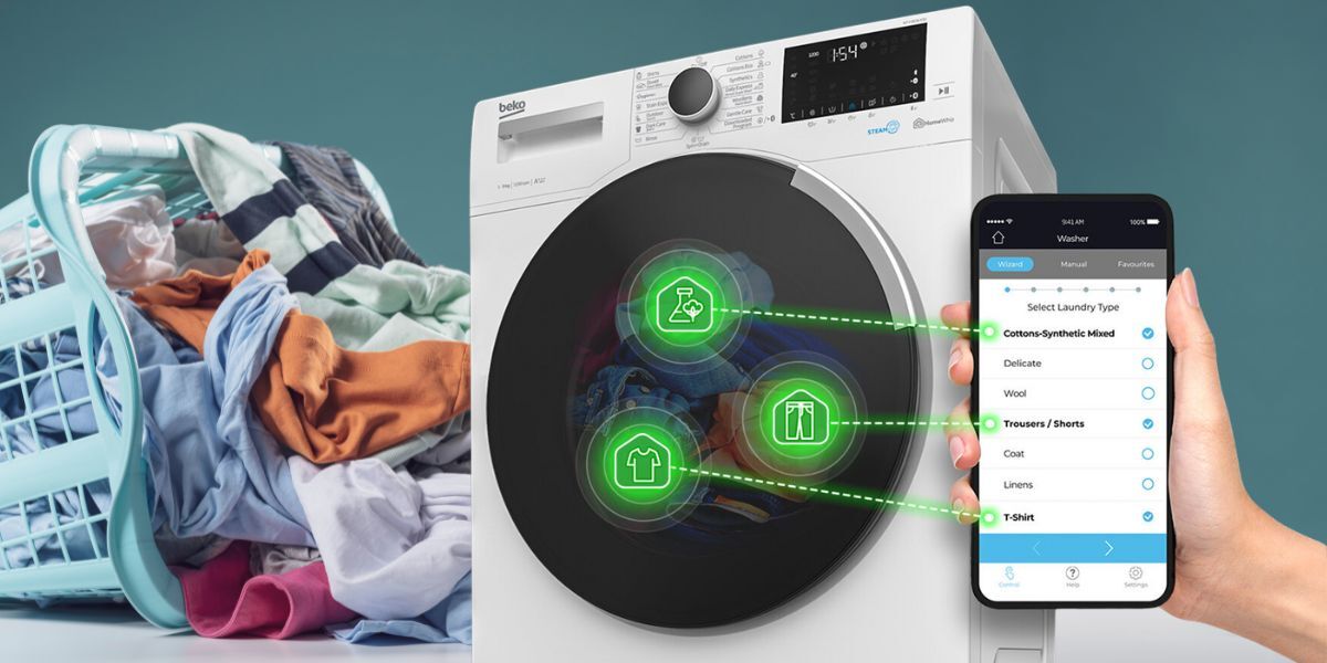 A smart washing machine connects to wi-fi to enable control and monitoring via a smart phone app.
