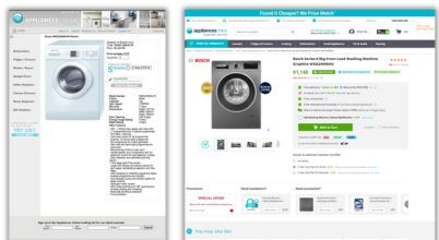 Product pages for a Bosch washing machine in 2005 and 2025 at Australian retailer Appliances Online