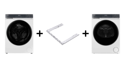 A Haier brand washing machine, vented dryer and universal stacking kit that can be stacked together.