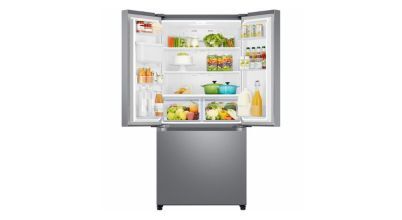 A Samsung brand French door fridge with doors open displaying fresh food contents including two crisper drawers