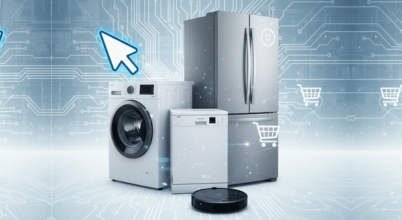 A washing machine, dishwasher, fridge and robot vacuum with online shopping icons illustrates Appliances Online's Online Frenzy shopping deals event